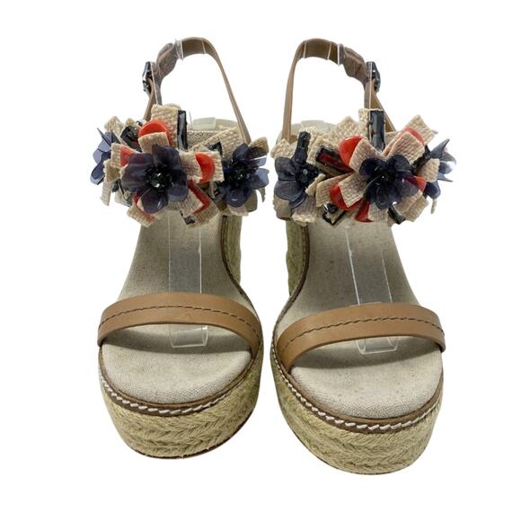 Tory Burch Tan Espadrille High Heel Wedge Sandals w Floral Detail Women's Sz 7.5 - Picture 2 of 11